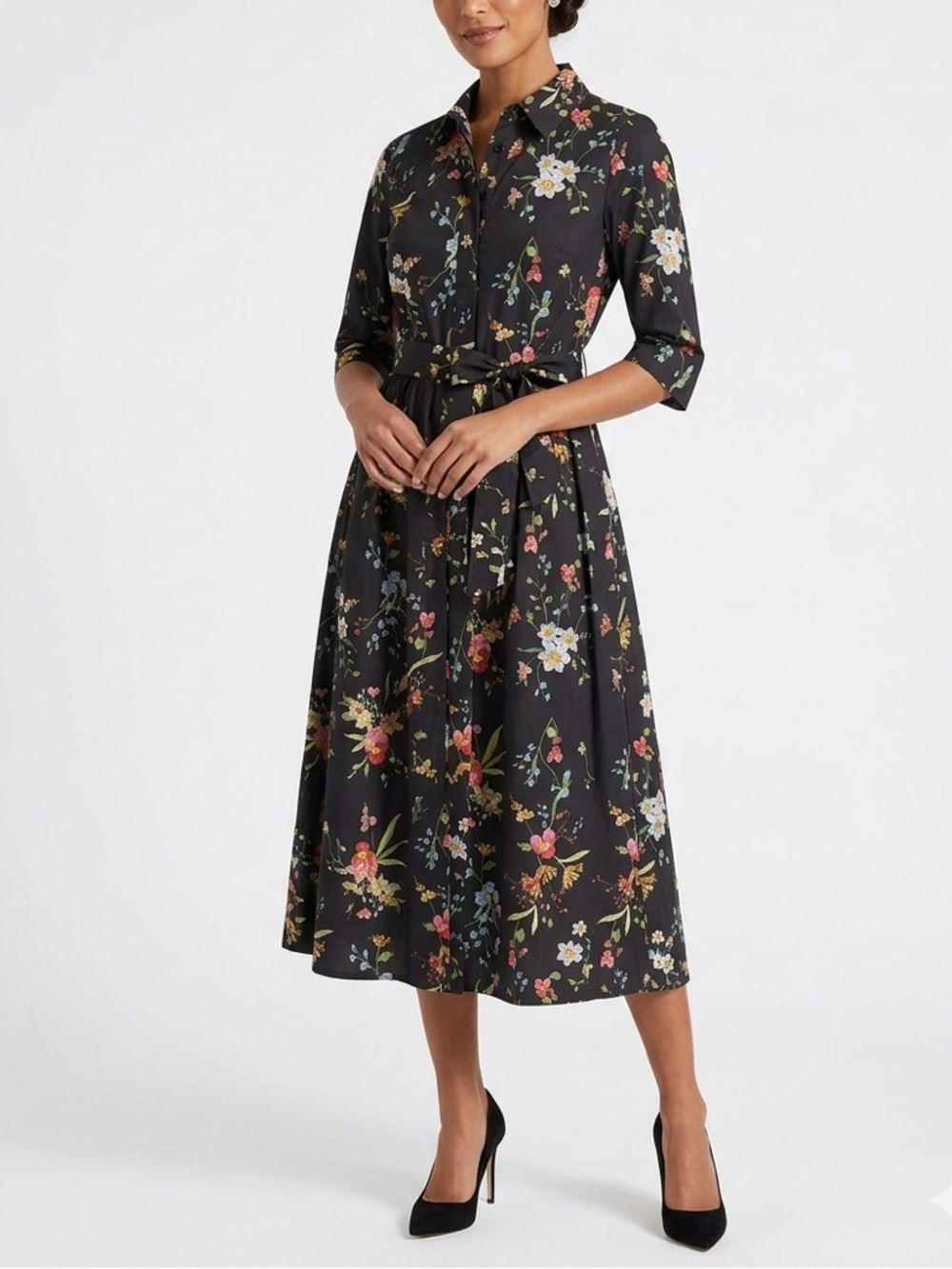 Hermoza Black Floral Collared Tie Belted Midi Shirt Dress XS